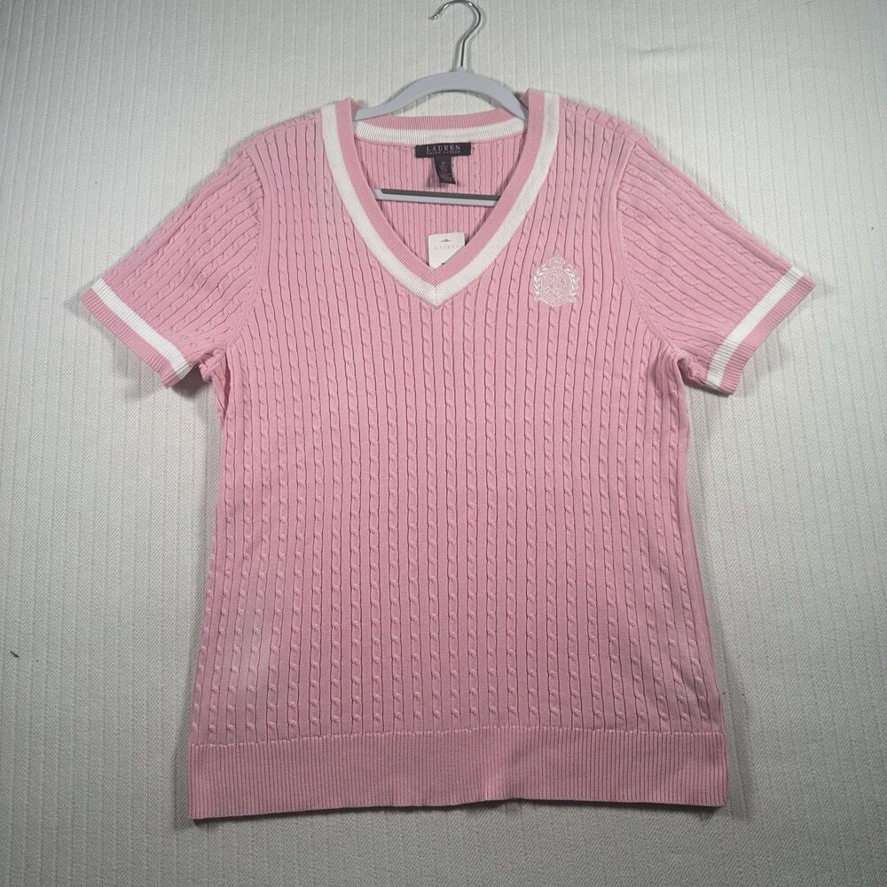 Ralph Lauren Women’s 2X Pink Cable Knit V-Neck Short Sleeve Sweater NWT
